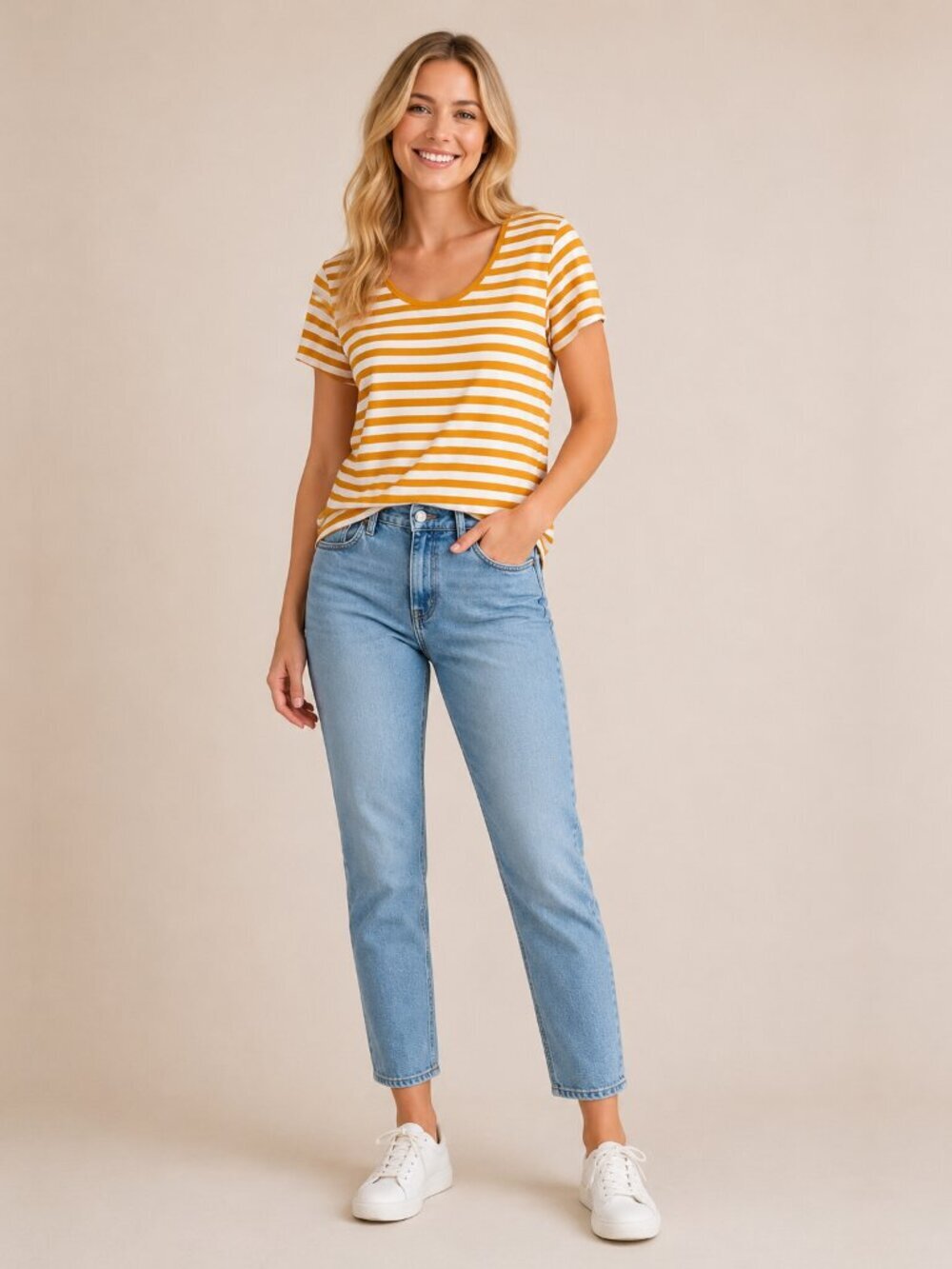 2/$30 Lands' End Nautical Stripe Scoop Neck Short Sleeve Tee Marigold #A2179